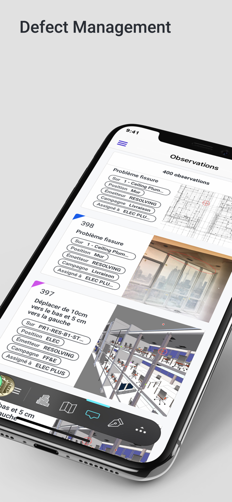 Kairnial - Interface de l'application mobile Kairnial montrant la gestion des malfaçons et les observations de chantier