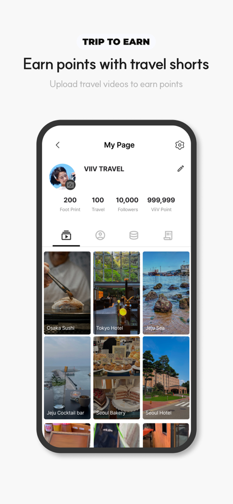 ViiV - Find the perfect travel - ViiVアプリのユーザープロフィール。旅行動画と特典のために獲得したポイントが表示されています。