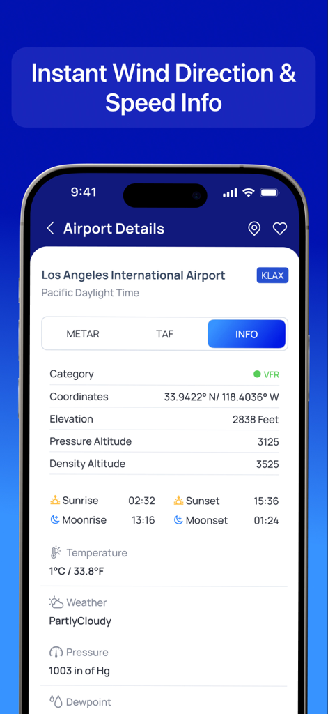 Airport details screen showing VFR flight category and weather data for KLAX airport
