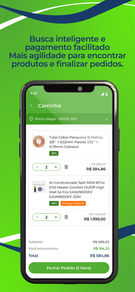 Frigelar - Shopping cart screen in the Frigelar app showing HVAC parts and air conditioning units with a checkout button