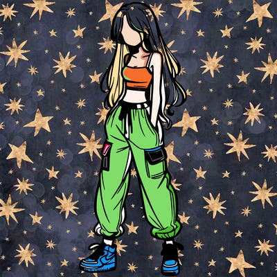 girl in baggy pants crop top and long hair