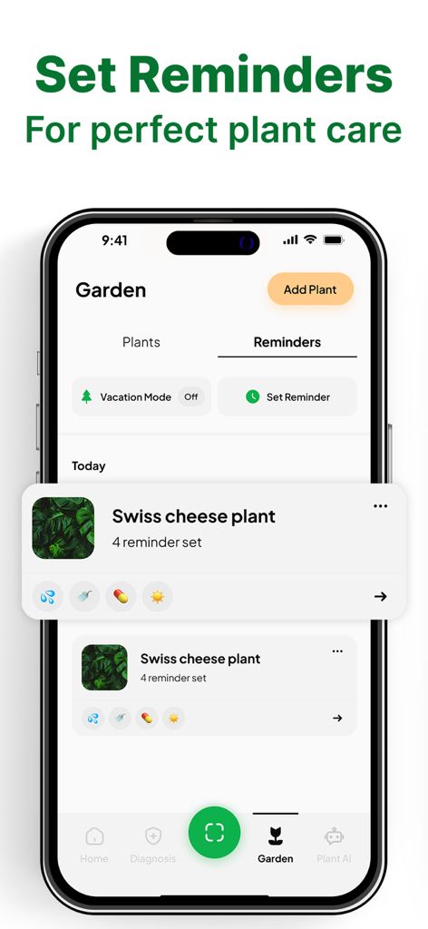 Interface do aplicativo Leafy mostrando lembretes de jardim para uma planta-costela-de-adão, incluindo alertas de rega e fertilização.