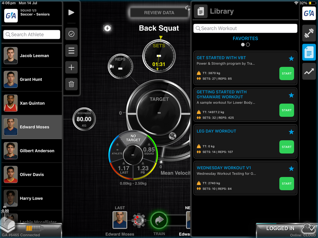 GymAware V2 - Interface de l'application iPad GymAware V2 affichant un tableau de bord d'entraînement basé sur la vitesse de squat arrière et une bibliothèque d'entraînements