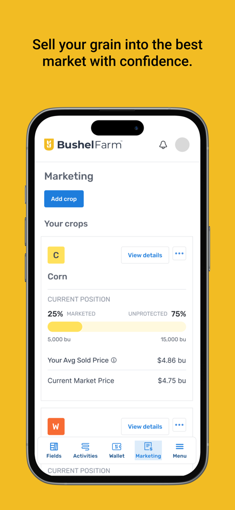 Bushel Farm - Interfaz de una aplicación móvil que muestra datos de marketing de cultivos, incluyendo la posición del grano y los precios actuales del mercado para cultivos de maíz