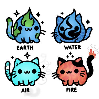 4 cats that represent the different elements, earth, water, air, and fire