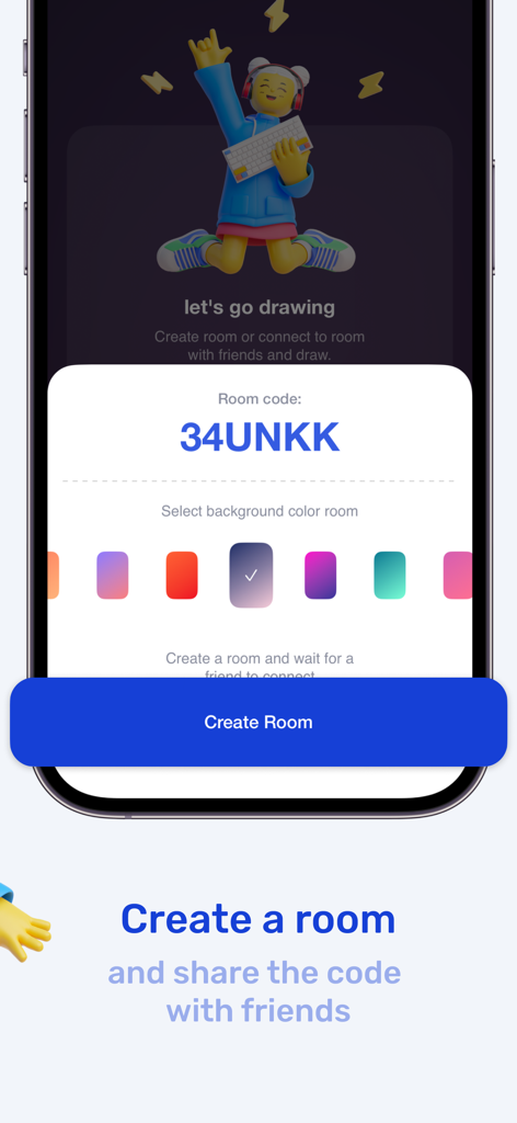 Screen in the DuoArt app for creating a collaborative drawing room with a unique code and background color selection