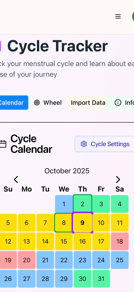 WombWisdom by Nourishment 101 - WombWisdom app menstrual cycle tracker calendar view with color coded phases