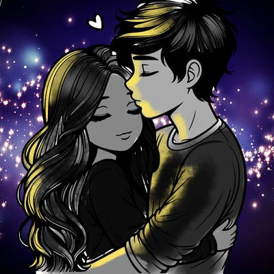 a realistic couple boy and girl hugging and kissing