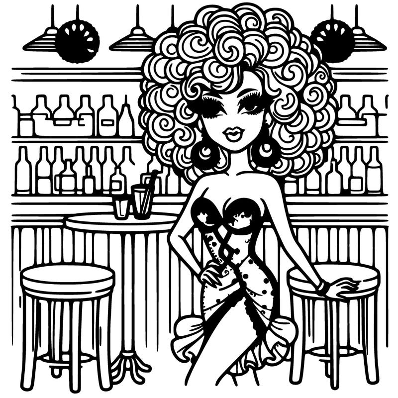 detailed glamorous early 20s drag queen with a big bouncy curly wig in a bar and a small petite waist party dress