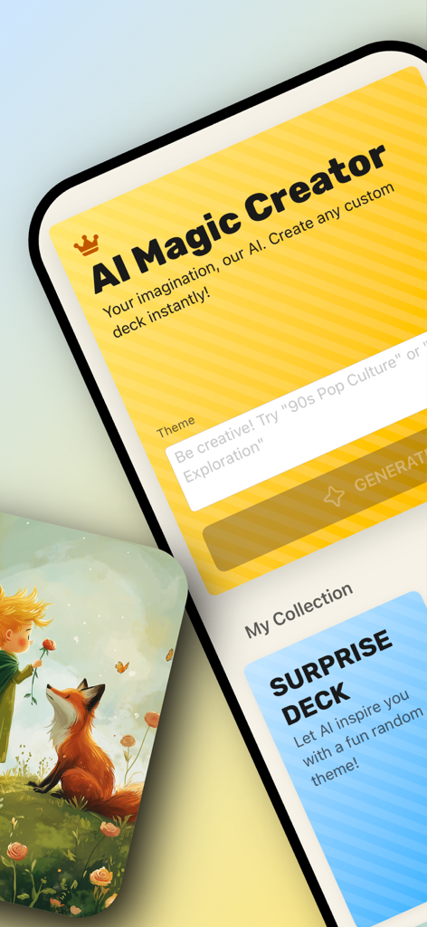 Hands Up! Charades Headbands - Interface of the AI Magic Creator feature for generating custom charades decks.