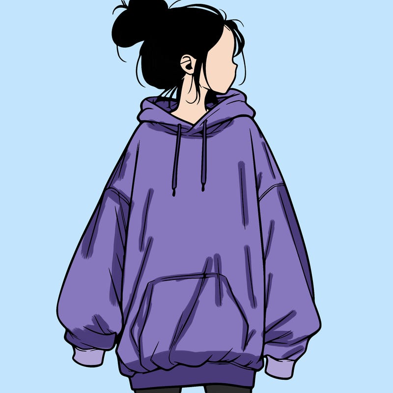 realistic girl with a oversized sweatshirt on and a bun
