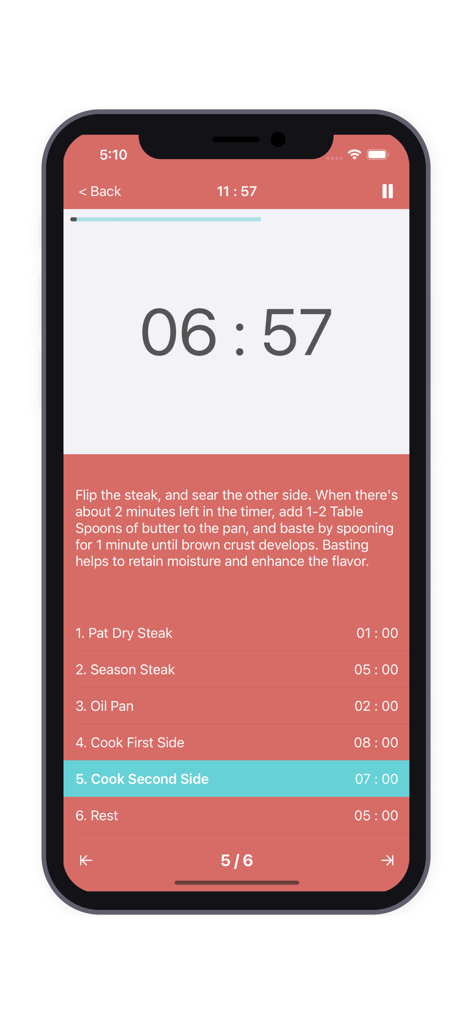 Pantalla de la aplicación Steak Timer mostrando un temporizador y instrucciones paso a paso para sellar y bañar un filete.