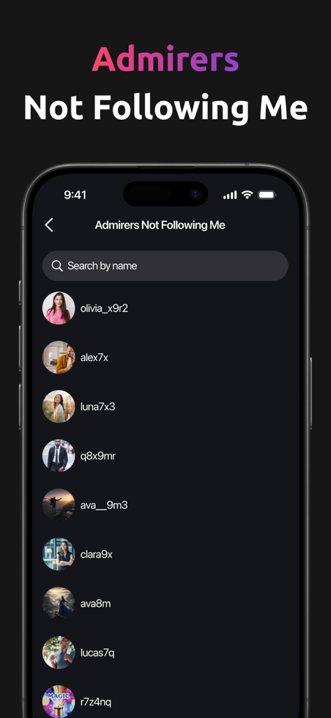 Unfollow Tracker: FollowHub - フォローバックしていないソーシャルメディアの賞賛者のリストを表示するFollowHubアプリのインターフェース。