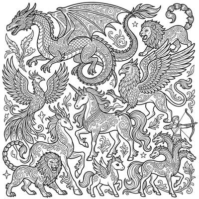Dive into a world of legends with this spectacular fantasy creatures coloring page. Featuring an array of mythical beasts from majestic dragons to graceful unicorns, this intricate design promises hours of creative fun.