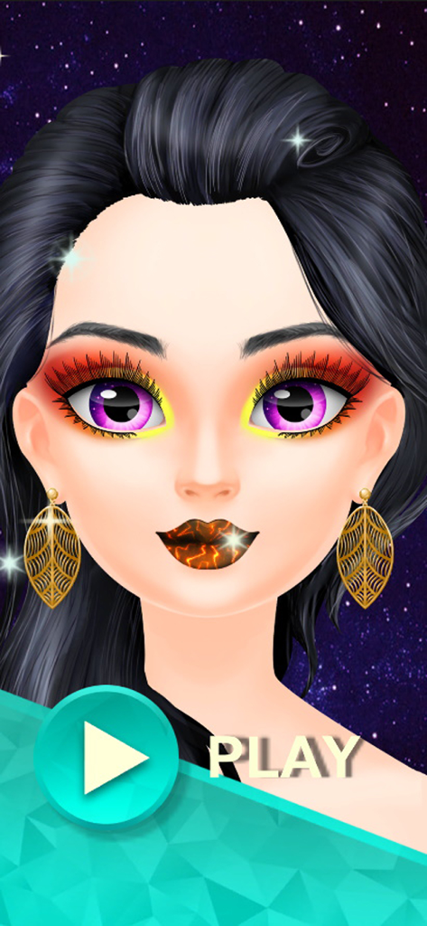 Makeup Games for Fashion Girls - Digital character with vibrant makeup and a large play button on a starry background
