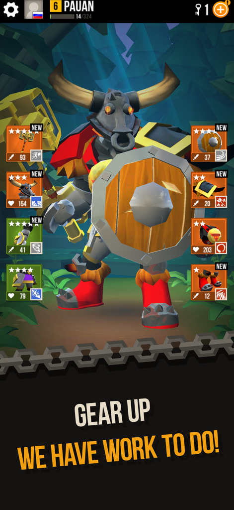 Character customization screen in Duels PVP game showing knight gear and items