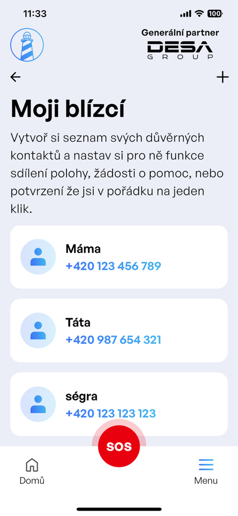 Maják - Interfaz de la aplicación Maják que muestra una lista de contactos de confianza y un botón SOS rojo.