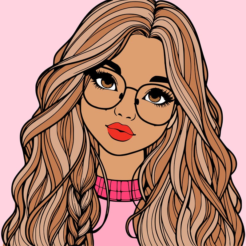 girl with long hair and freckles and glasses realistic