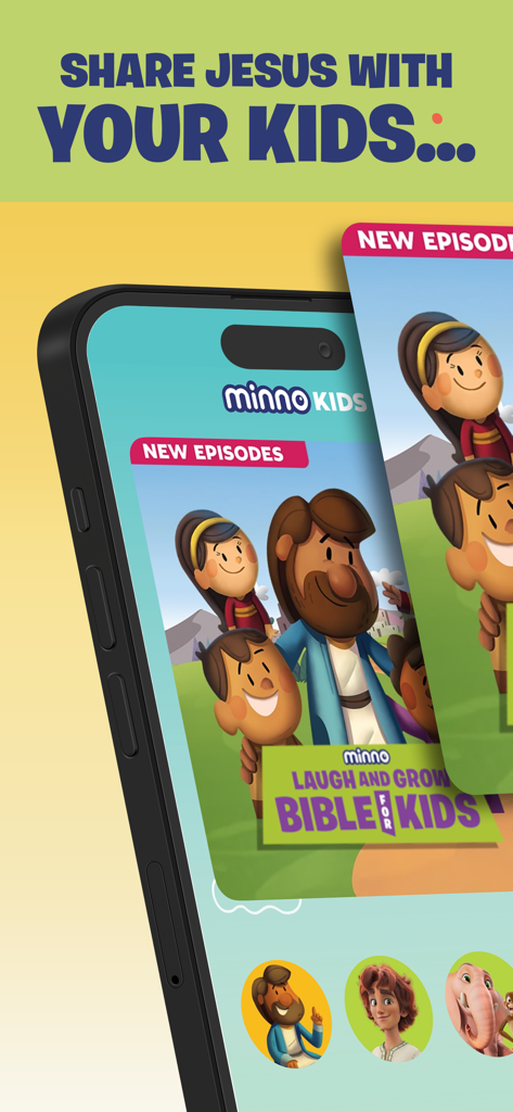 Minno Kids Bible Videos app interface showing the Laugh and Grow Bible for Kids series and character avatars.