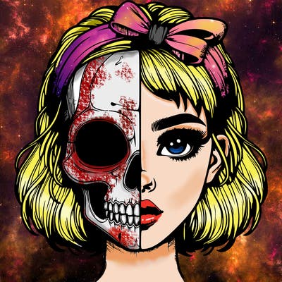 realistic girl with half skull mask