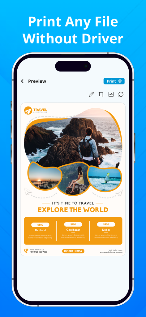 Smart Printer: Printer App - Pantalla de la aplicación Smart Printer que muestra una vista previa de un folleto de viaje y un botón de impresión.