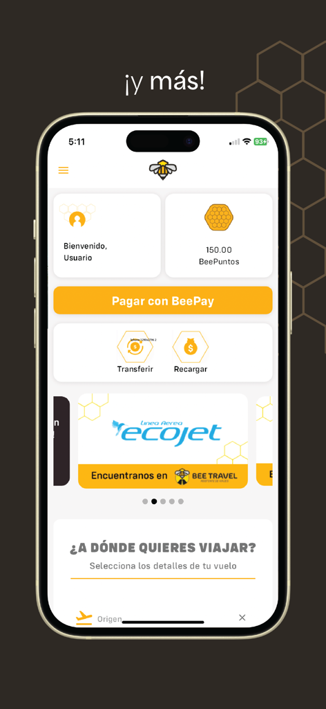 BeePay - Pantalla de inicio de la aplicación BeePay con puntos de recompensa y funciones de pago en español