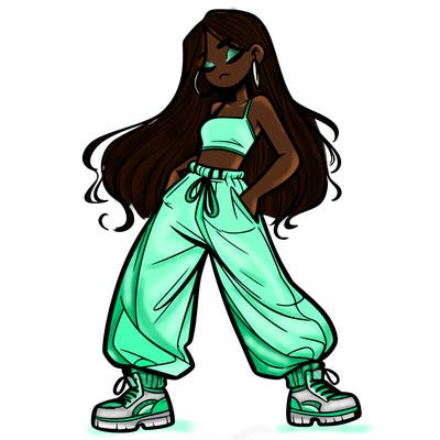 girl in baggy pants crop top and long hair
