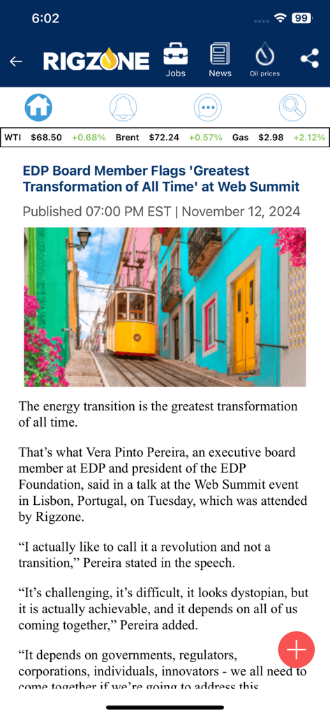 Rigzone app displaying a news article on energy transformation and a real-time oil price ticker.