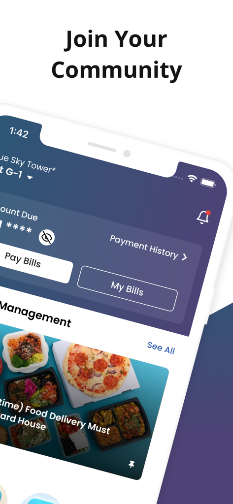 A mobile phone screen displaying the Veemios app dashboard with options to pay bills and view community management notices.