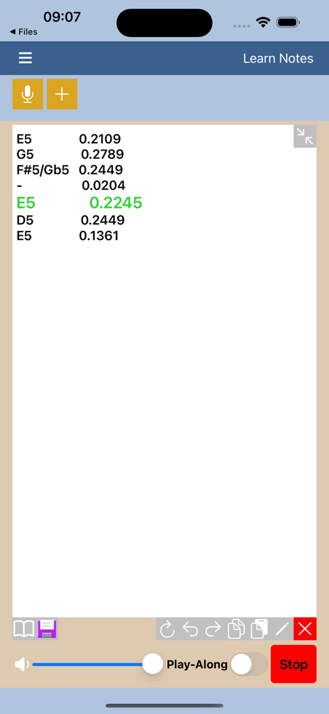 Music Notes Helper - A list of identified musical notes and their durations displayed on the Learn Notes screen of the Music Notes Helper app.