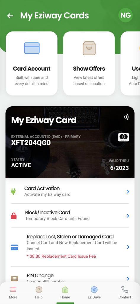 MyEziwayAccount - Interface of the MyEziwayAccount app showing card management options like activation, blocking, and replacement.