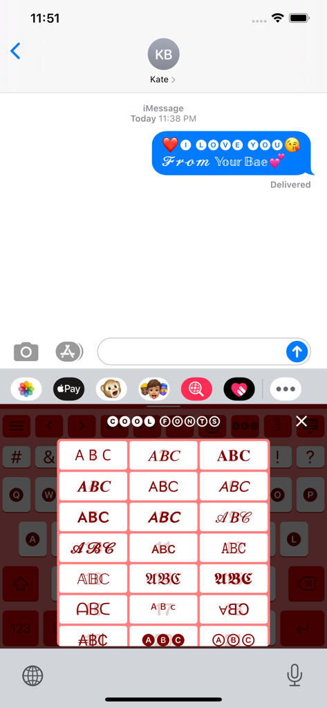 Slyder - Teclado Slyder vermelho personalizado com um menu de várias fontes de texto elegantes para iMessage