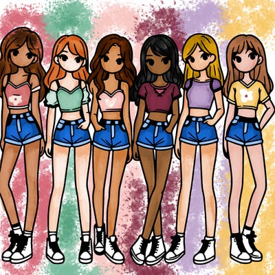 a group of girls wearing crop tops and shorts