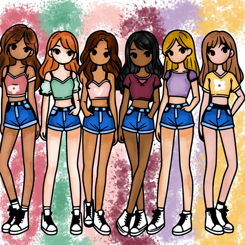 a group of girls wearing crop tops and shorts
