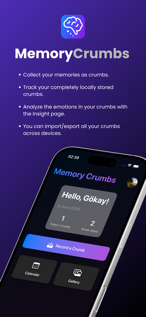 Pantalla de inicio de la aplicación Memory Crumbs en un iPhone mostrando funciones como la grabación de migajas y el almacenamiento local