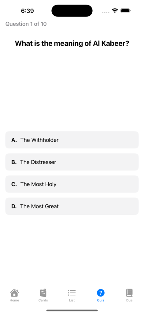 The Divine Names - A multiple choice quiz screen in the app asking for the meaning of the name Al Kabeer.