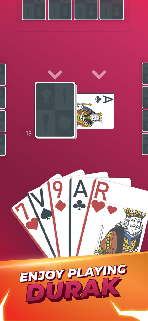 PlayJoy: Ludo, Uno, Dominoes… - Interfaz del juego móvil mostrando una mano de cartas y el texto Disfruta jugando Durak