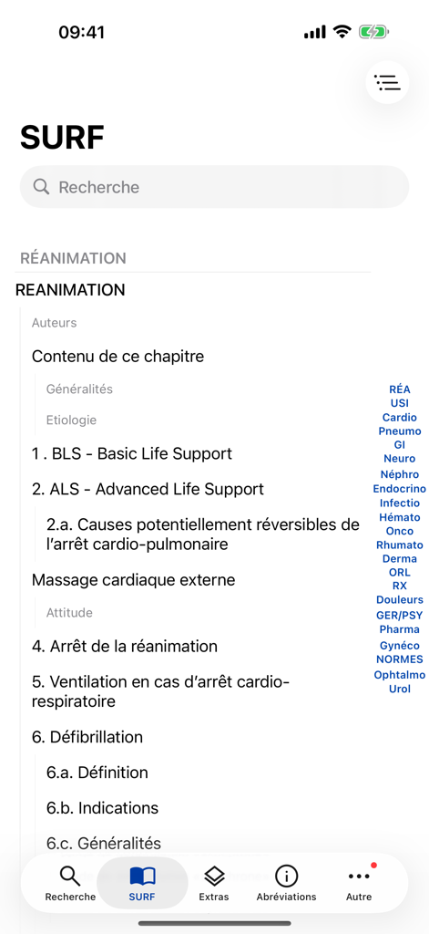 SURF app interface showing medical resuscitation guidelines and protocols