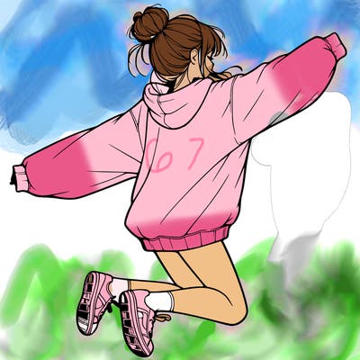 realistic girl jumping with a bun and oversized sweatshirt