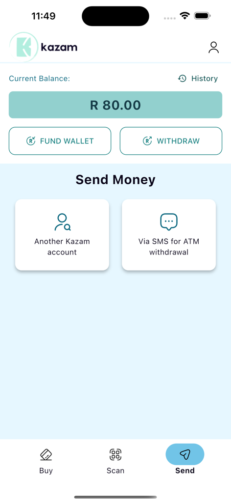 kazam - Pantalla de la aplicación Kazam para enviar dinero con el saldo y las opciones de pago