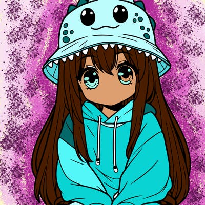 girl with anime shaped eyes with a dinosaur bucket hat oversized sweatshirt long straight hair