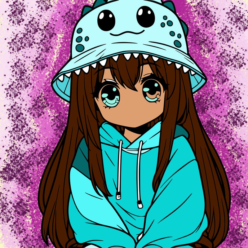 girl with anime shaped eyes with a dinosaur bucket hat oversized sweatshirt long straight hair