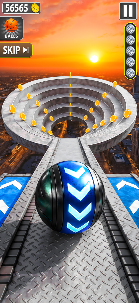 Rollance Sky Rolling Ball Game - Uma bola metálica azul rolando em uma pista celestial durante o pôr do sol com moedas douradas.