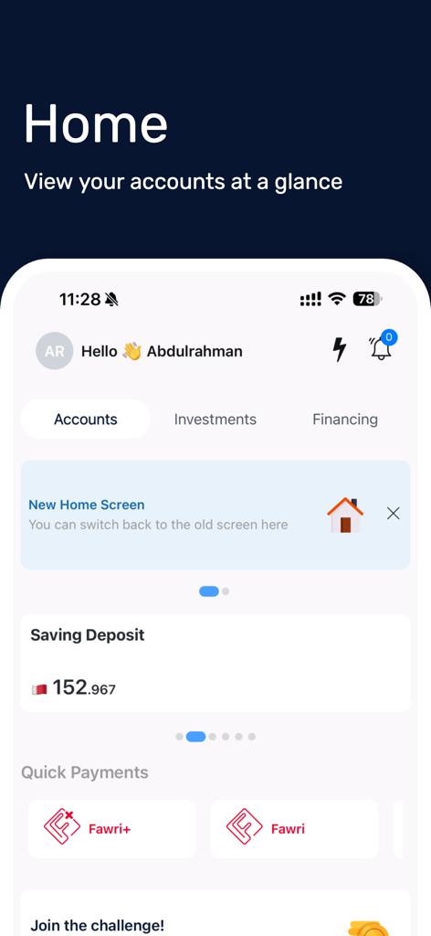 Al Salam Bank Bahrain - Al Salam Bank mobile app dashboard showing accounts balance and quick payment options