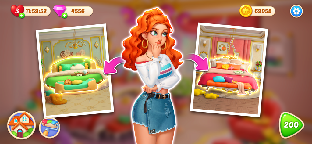 Makeover Master - Home Design - Character deciding between different bedroom interior design options in Makeover Master.