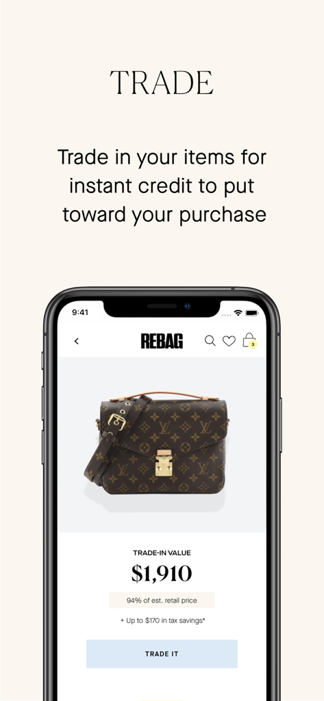 Rebag app interface showing a trade-in value of 1910 dollars for a Louis Vuitton handbag