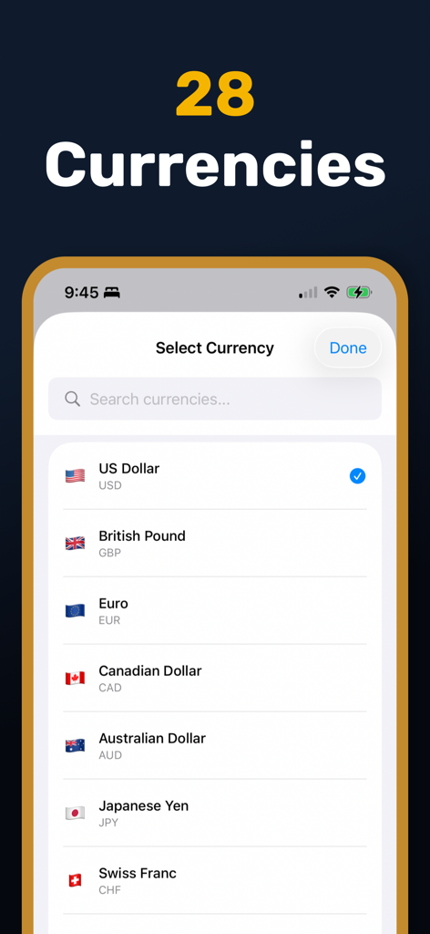 Oil Prices Live - Oil Prices Live app screen showing a list of 28 global currency options for price tracking