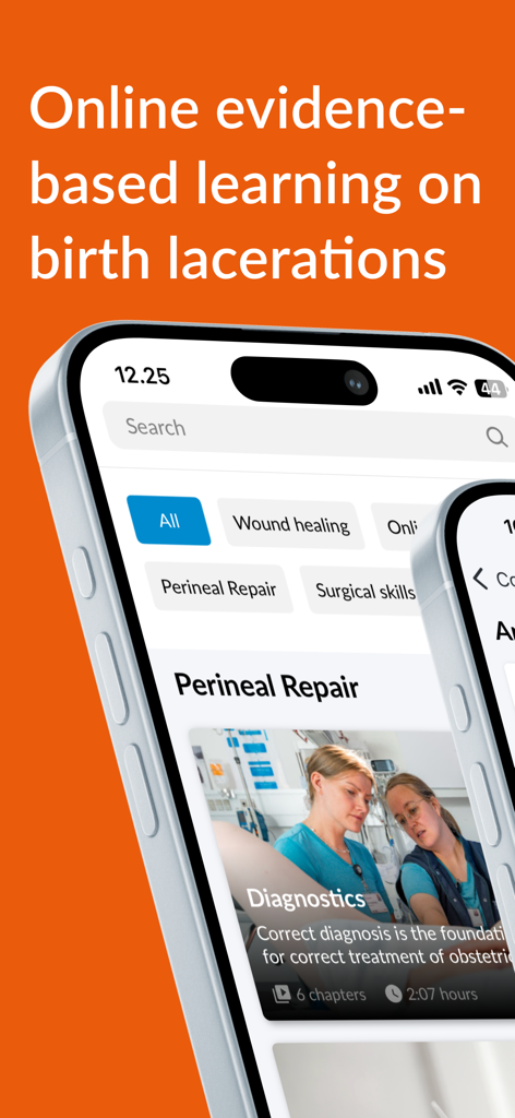 GynZone app interface showing online evidence-based learning courses for birth lacerations and perineal repair on a smartphone screen.