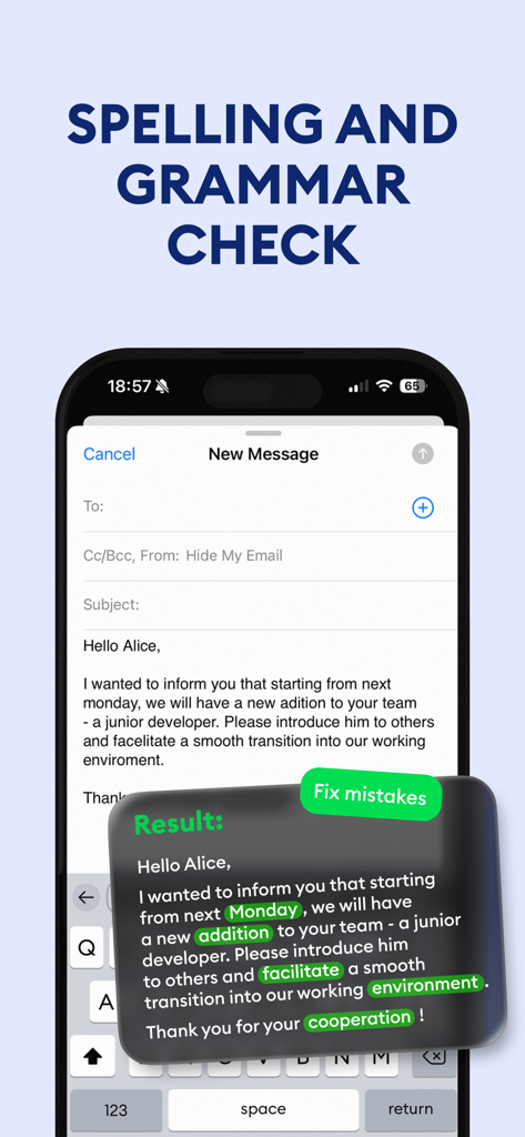 AiText: Grammar & Spell Check - Écran de smartphone montrant AiText corrigeant l'orthographe et la grammaire dans un brouillon d'e-mail.