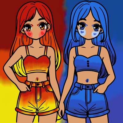 two sisters with crop tops and jean shorts and straight hair